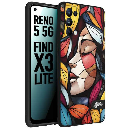 CUSTOMIZZA - Custodia cover nera morbida in tpu compatibile per Oppo Reno 5 5G Vetrata artistica volto di donna profilo fogliare mosaico di vetro colorato