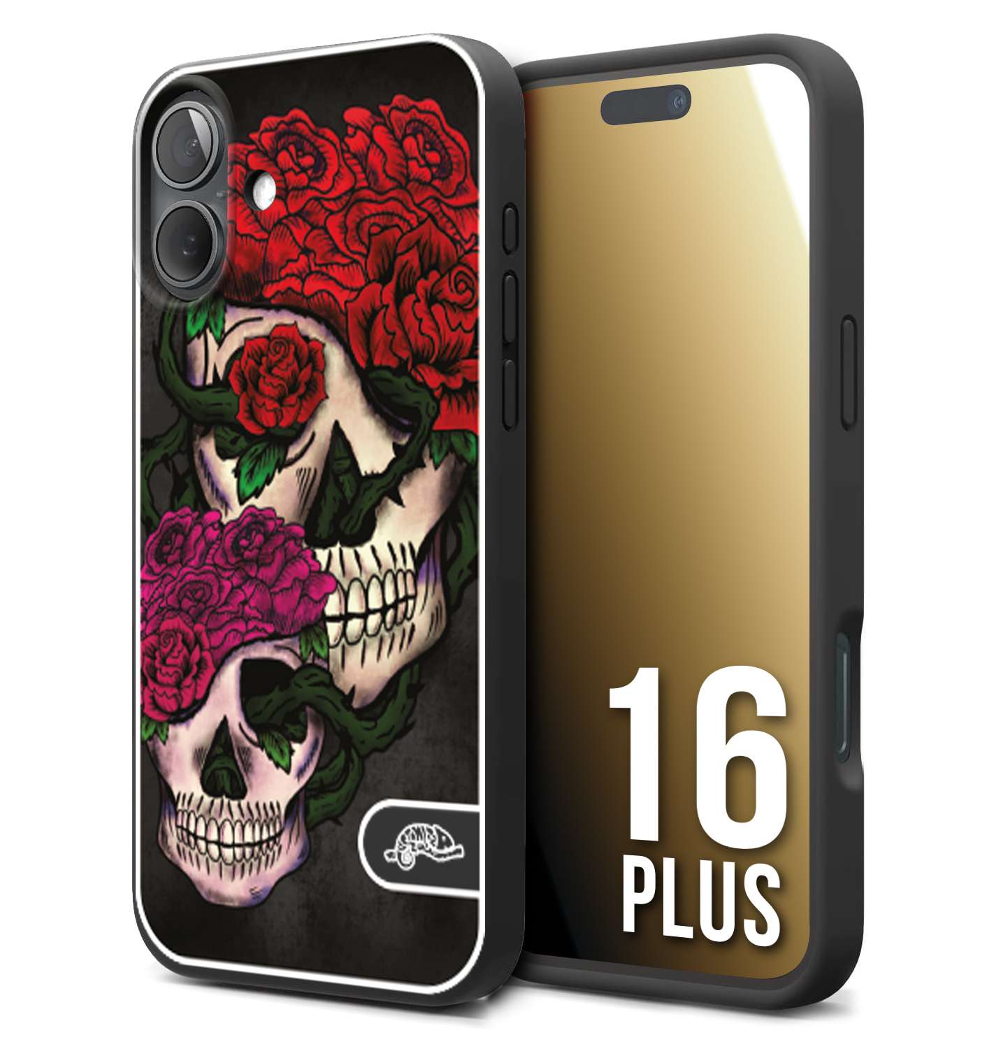 CUSTOMIZZA - Custodia cover nera morbida in tpu compatibile per iPhone 16 PLUS teschi e rose rosse fucsia skull and roses