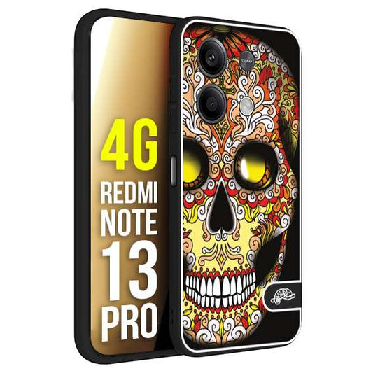 CUSTOMIZZA - Custodia cover nera morbida in tpu compatibile per Xiaomi Redmi Note 13 PRO 4G teschio messicano Mexican skull giallo rosso arancio