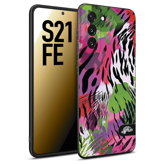 CUSTOMIZZA - Custodia cover nera morbida in tpu compatibile per Samsung S21 FE leopardato tigrato tiger colorata summer color verde fucsia