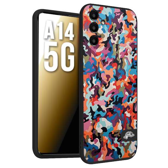 CUSTOMIZZA - Custodia cover nera morbida in tpu compatibile per Samsung A14 5G camouflage mimetico militare moderno blu arancio rosa