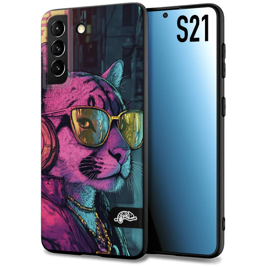 CUSTOMIZZA - Custodia cover nera morbida in tpu compatibile per Samsung S21 animali cyberpunk pantera street cat fucsia blu giallo