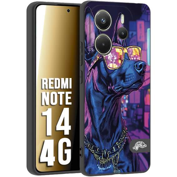 CUSTOMIZZA - Custodia cover nera morbida in tpu compatibile per Xiaomi Redmi Note 14 4G animali cyberpunk dobermann cane street dog fucsia blu night