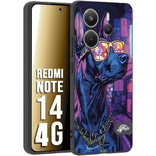CUSTOMIZZA - Custodia cover nera morbida in tpu compatibile per Xiaomi Redmi Note 14 4G animali cyberpunk dobermann cane street dog fucsia blu night