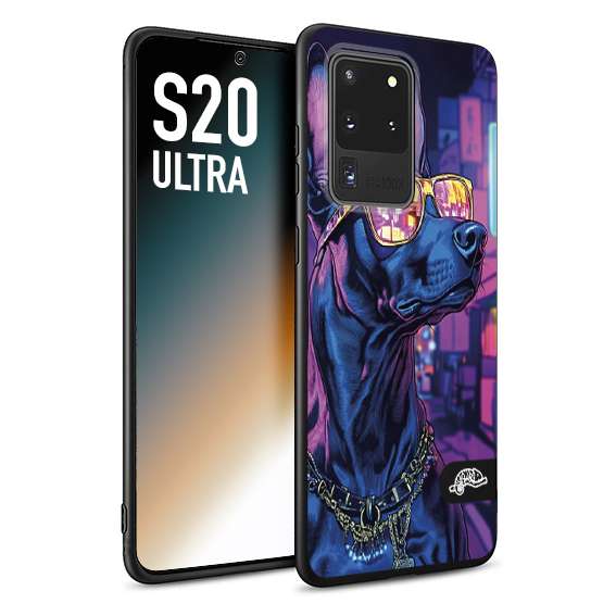 CUSTOMIZZA - Custodia cover nera morbida in tpu compatibile per Samsung S20 ULTRA animali cyberpunk dobermann cane street dog fucsia blu night