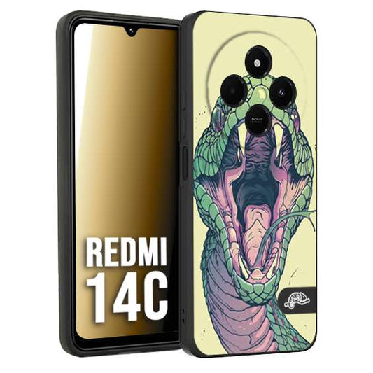 CUSTOMIZZA - Custodia cover nera morbida in tpu compatibile per Xiaomi Redmi 14C snake yellow green serpente tatuaggio tattoo disegnato a mano