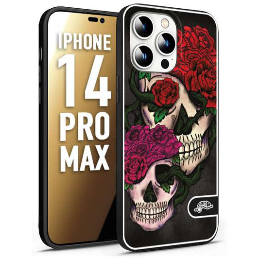 CUSTOMIZZA - Custodia cover nera morbida in tpu compatibile per iPhone 14 PRO MAX teschi e rose rosse fucsia skull and roses