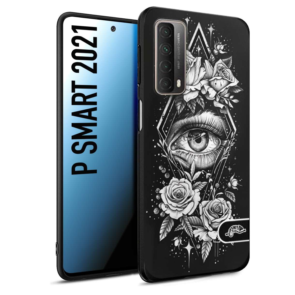 CUSTOMIZZA - Custodia cover nera morbida in tpu compatibile per Huawei P Smart 2021 occhio fiori rombo geometrico black and white bianco a rilievo disegnato tattoo tatuaggio