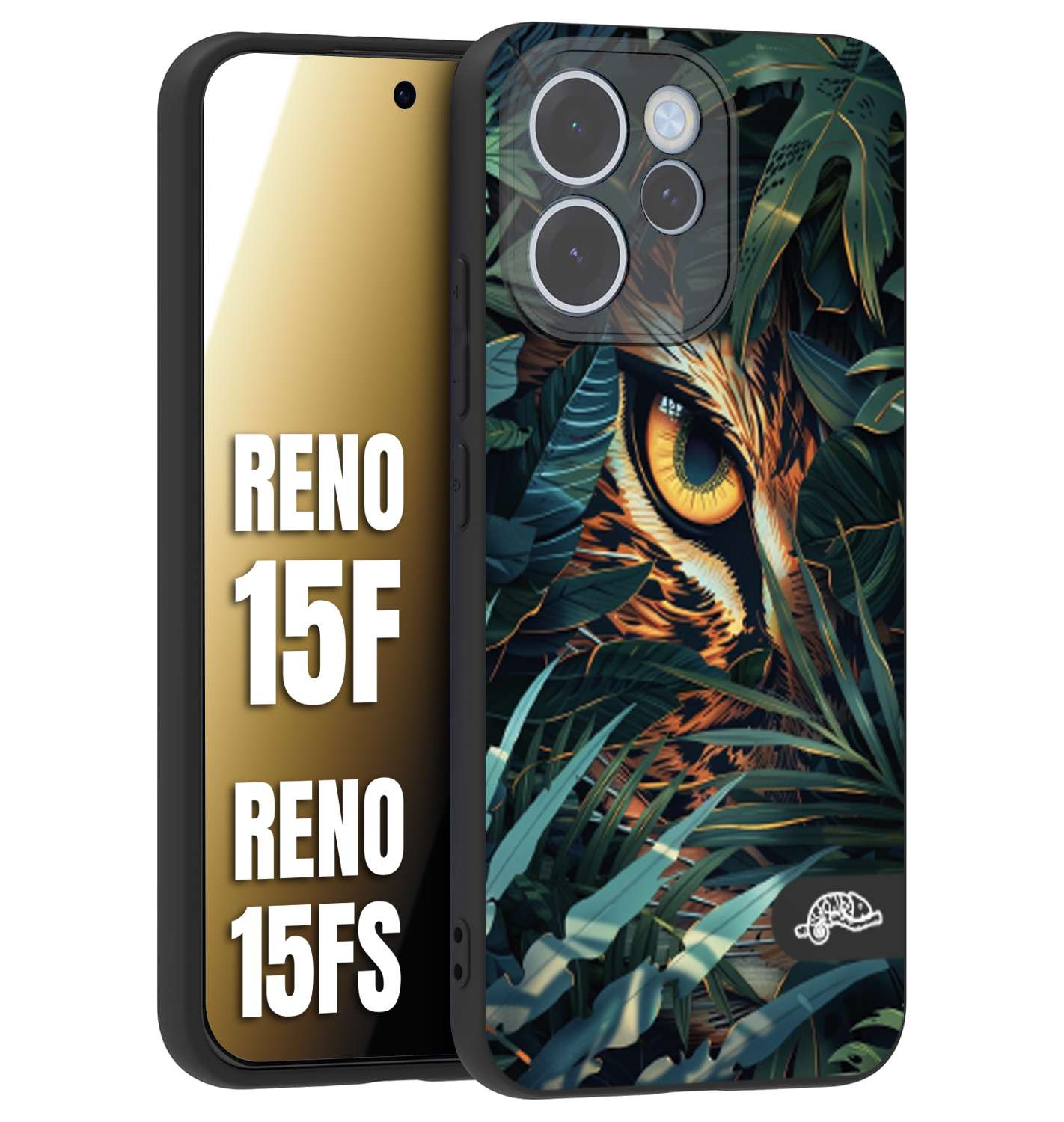 CUSTOMIZZA - Custodia cover nera morbida in tpu compatibile per Oppo Reno 15 F - Reno 15 FS animali color giungla tropicale occhio di giaguaro felino disegnato