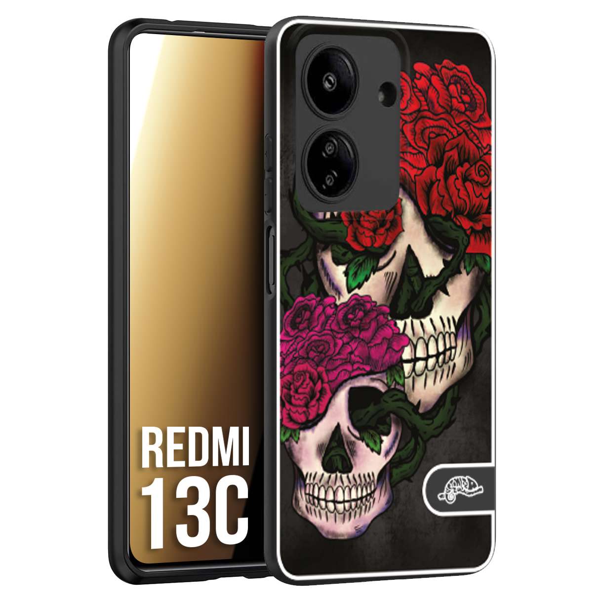 CUSTOMIZZA - Custodia cover nera morbida in tpu compatibile per Xiaomi Redmi 13C teschi e rose rosse fucsia skull and roses