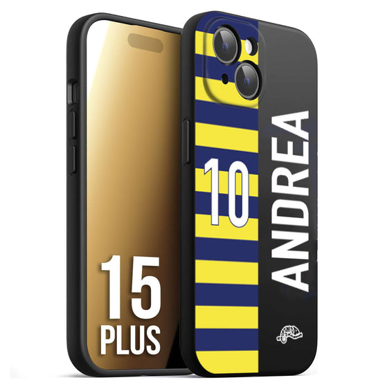 CUSTOMIZZA - Custodia cover nera morbida in tpu compatibile per iPhone 15 PLUS personalizzata calcio football nome e numero calciatori giallo blu