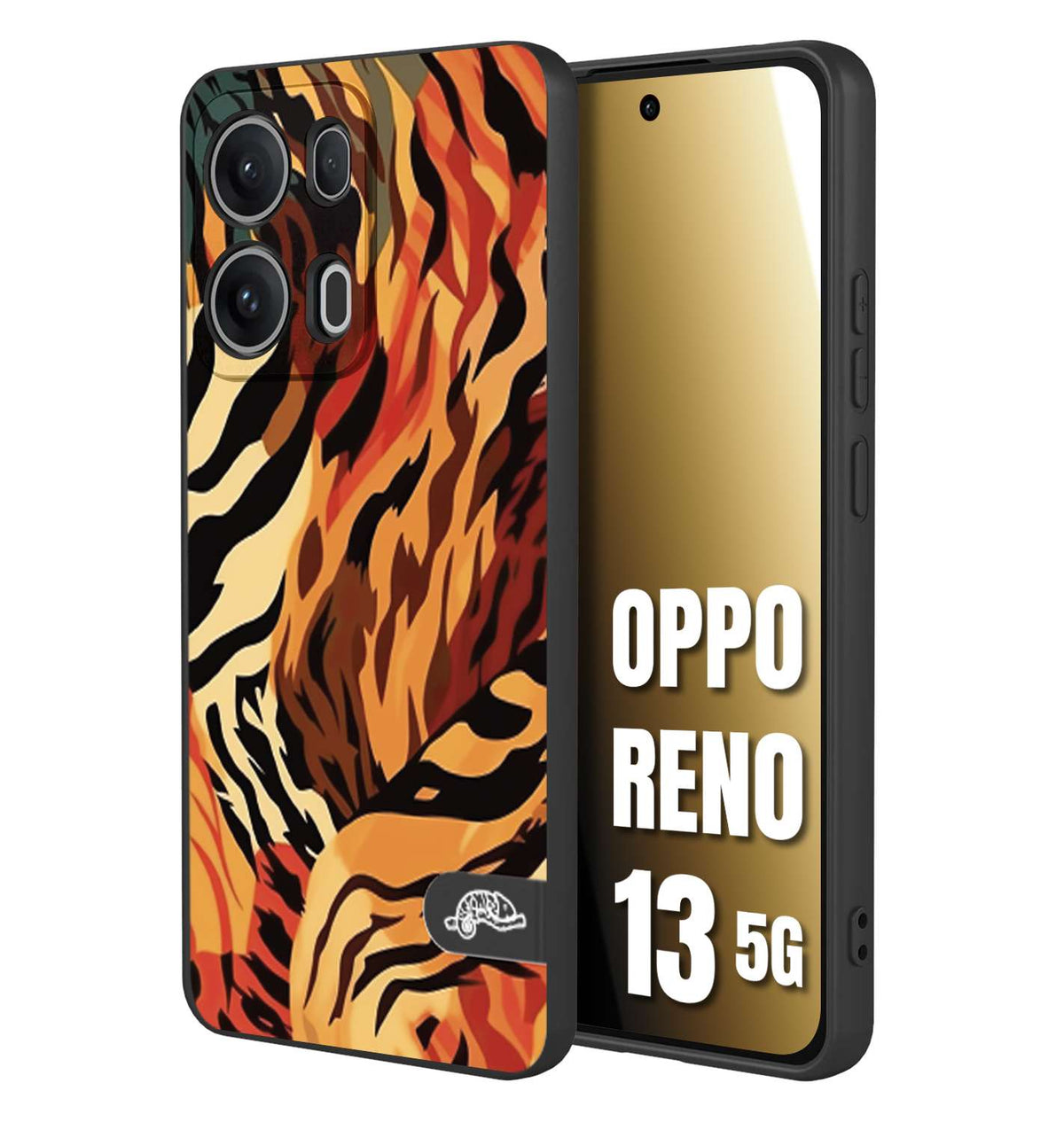 CUSTOMIZZA - Custodia cover nera morbida in tpu compatibile per Oppo Reno 13 5G leopardato maculato tigrato tiger colorata gialla rossa arancio