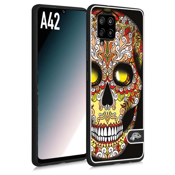 CUSTOMIZZA - Custodia cover nera morbida in tpu compatibile per Samsung A42 teschio messicano Mexican skull giallo rosso arancio