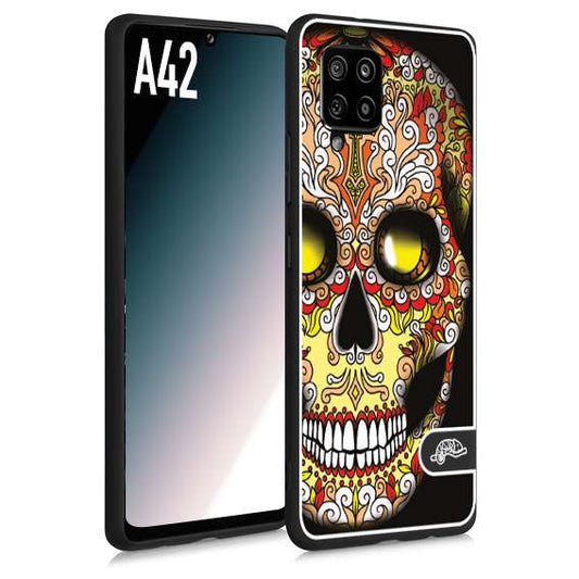 CUSTOMIZZA - Custodia cover nera morbida in tpu compatibile per Samsung A42 teschio messicano Mexican skull giallo rosso arancio