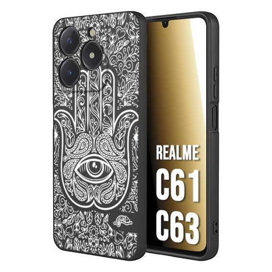 CUSTOMIZZA - Custodia cover nera morbida in tpu compatibile per Realme C61 - C63 mano di fatima effetto rilievo mandala donna