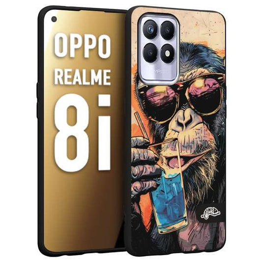 CUSTOMIZZA - Custodia cover nera morbida in tpu compatibile per Oppo Realme 8i estate disegnata cocktails animali simpatici scimmia monkey negroni