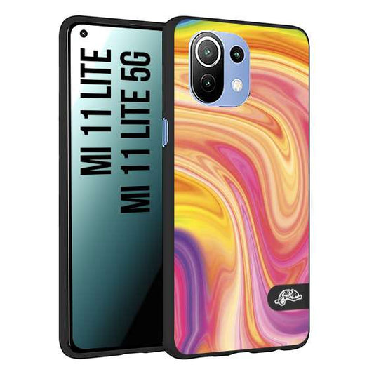 CUSTOMIZZA - Custodia cover nera morbida in tpu compatibile per Xiaomi Mi 11 Lite / Mi 11 Lite 5G colorata fantasia vortice marmo onde rosa fucsia gialla