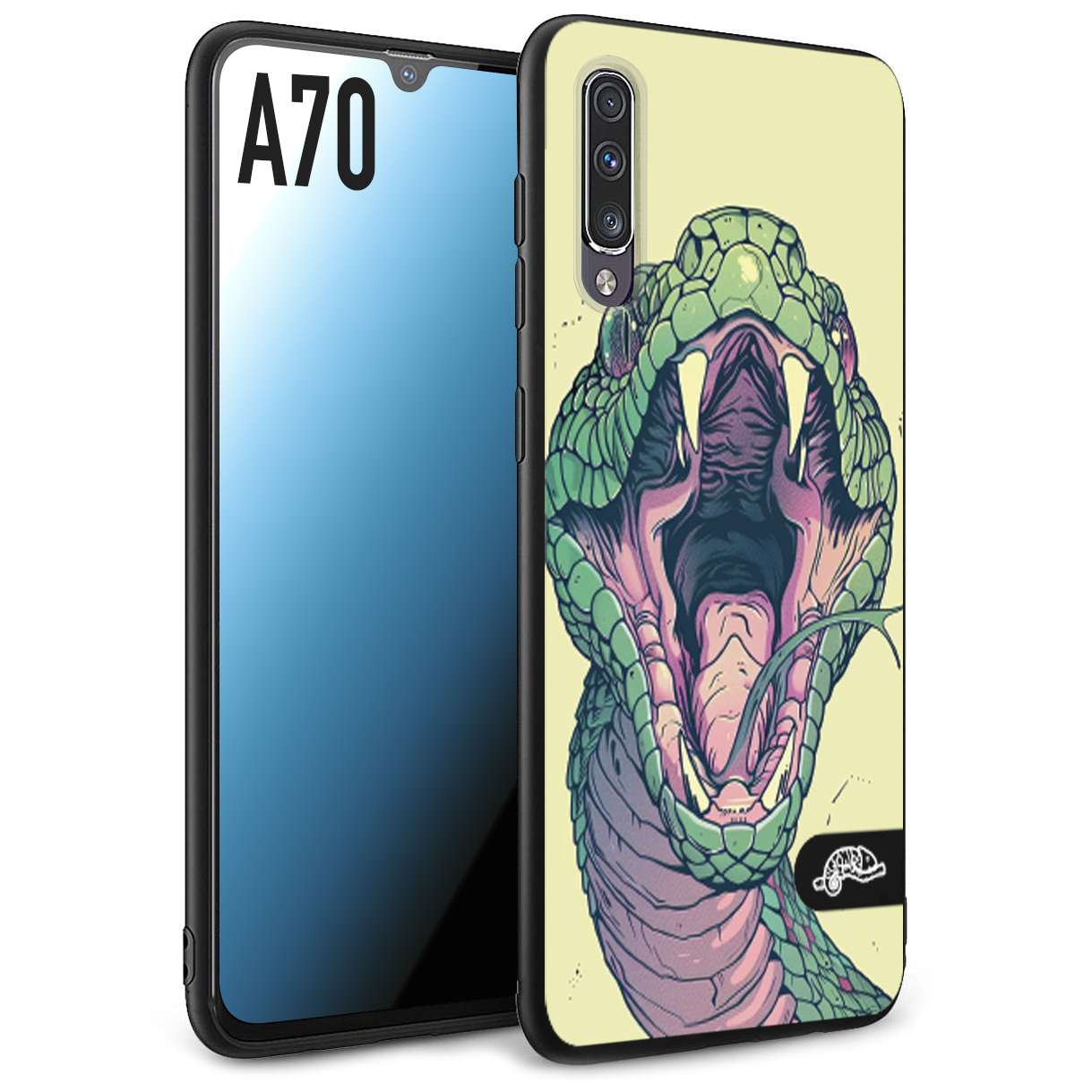 CUSTOMIZZA - Custodia cover nera morbida in tpu compatibile per Samsung A70 snake yellow green serpente tatuaggio tattoo disegnato a mano