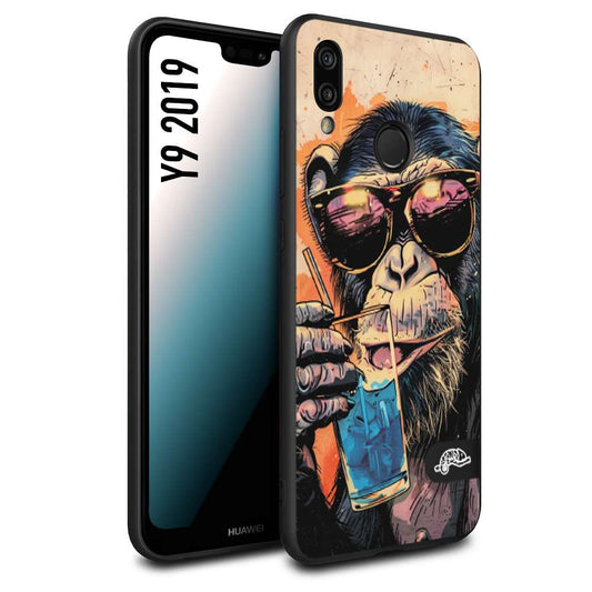 CUSTOMIZZA - Custodia cover nera morbida in tpu compatibile per Huawei Y9 2019 estate disegnata cocktails animali simpatici scimmia monkey negroni