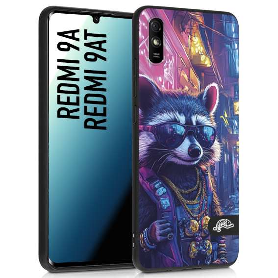 CUSTOMIZZA - Custodia cover nera morbida in tpu compatibile per Xiaomi Redmi 9A - 9AT animali simpatici cyberpunk procione racoon street cat fucsia blu giallo