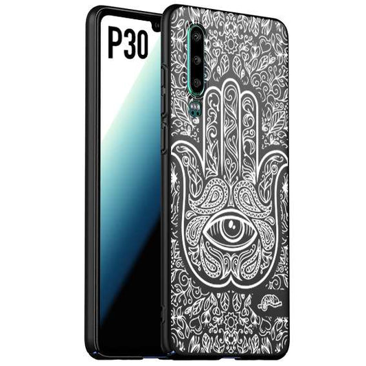 CUSTOMIZZA - Custodia cover nera morbida in tpu compatibile per Huawei P30 mano di fatima effetto rilievo mandala donna