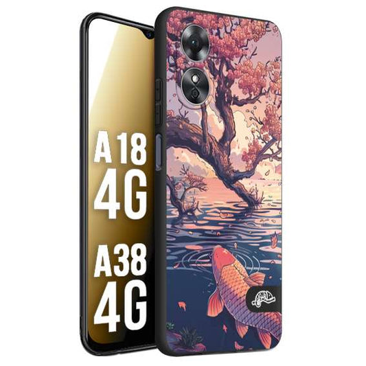 CUSTOMIZZA - Custodia cover nera morbida in tpu compatibile per Oppo A18 4G - A38 4G giapponese lago carpa koi rosa con foglie d'acero disegnata tattoo