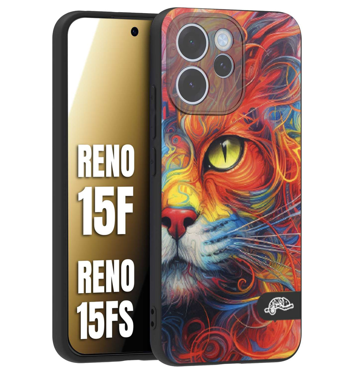 CUSTOMIZZA - Custodia cover nera morbida in tpu compatibile per Oppo Reno 15 F - Reno 15 FS animali color cat gatto viso colori vibranti disegnato schizzo
