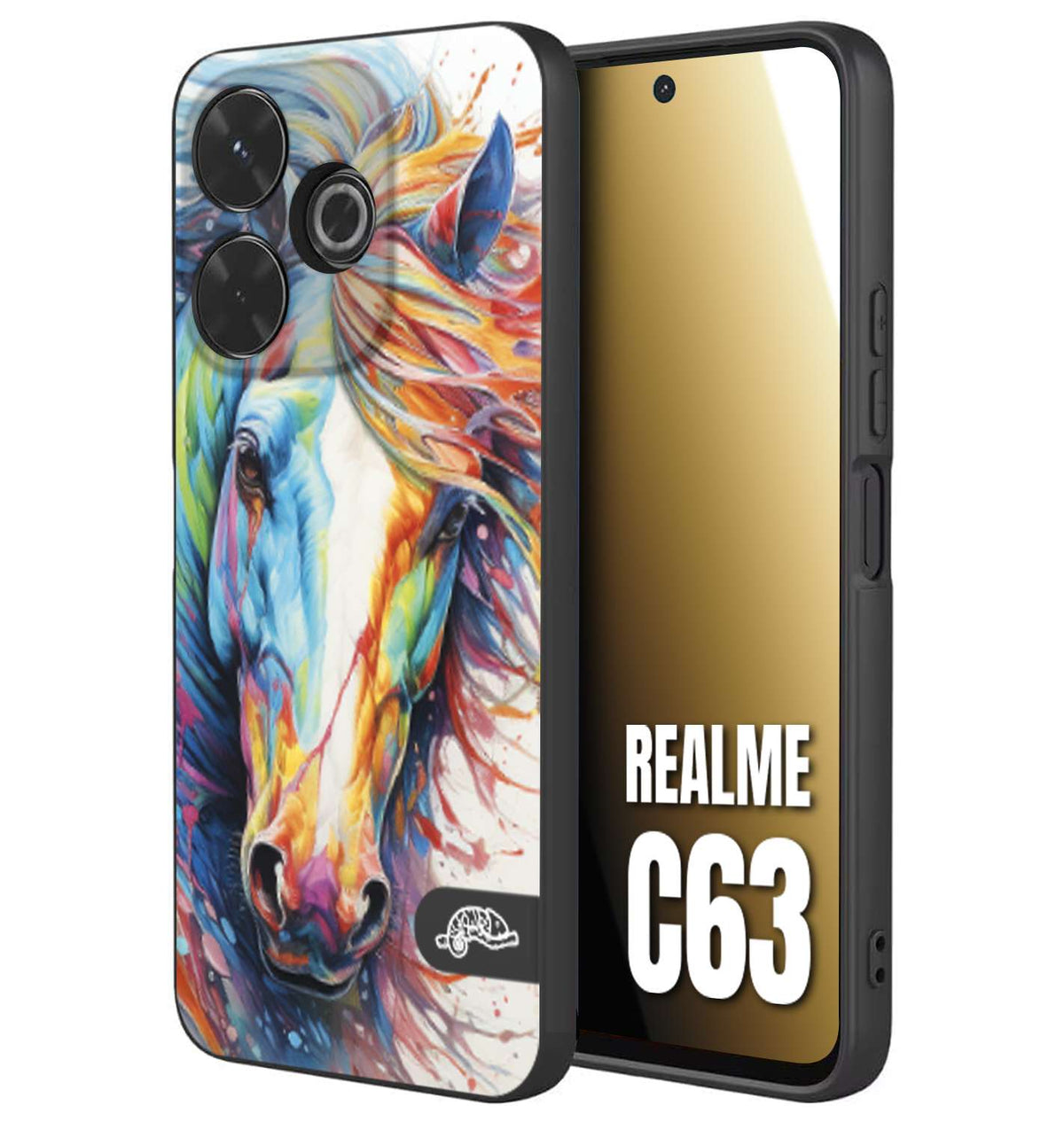 CUSTOMIZZA - Custodia cover nera morbida in tpu compatibile per Realme C63 animali color cavallo horse viso colori vibranti disegnato schizzo