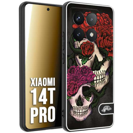 CUSTOMIZZA - Custodia cover nera morbida in tpu compatibile per Xiaomi 14T PRO teschi e rose rosse fucsia skull and roses