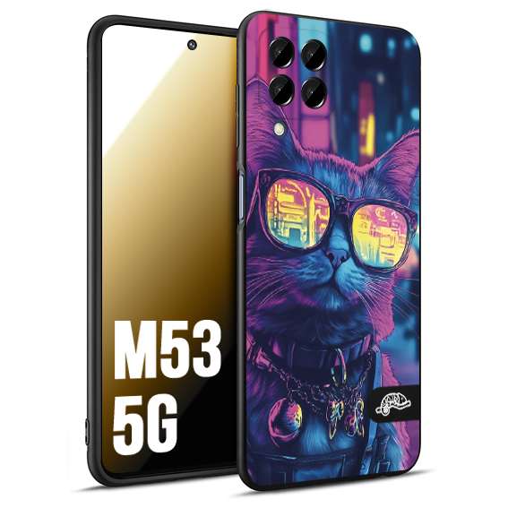 CUSTOMIZZA - Custodia cover nera morbida in tpu compatibile per Samsung M53 5G animali cyberpunk gatto street cat fucsia blu giallo