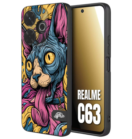 CUSTOMIZZA - Custodia cover nera morbida in tpu compatibile per Realme C63 Sphynx Colorato Pop Art Psichedelico Gatto Blu Rosa Giallo Artistica Fantasy