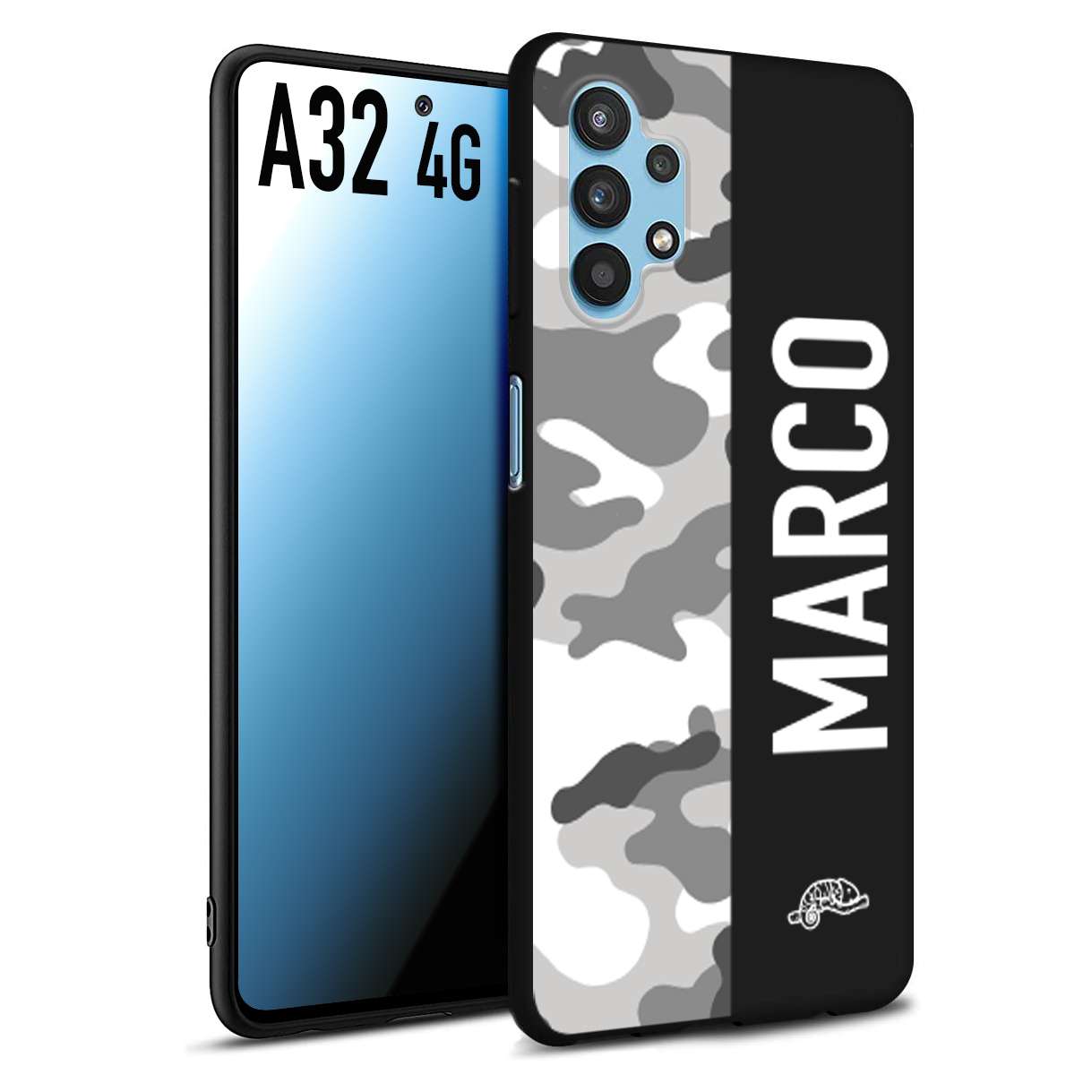 CUSTOMIZZA - Custodia cover nera morbida in tpu compatibile per Samsung A32 4G camouflage mimetico militare personalizzata nome bianco