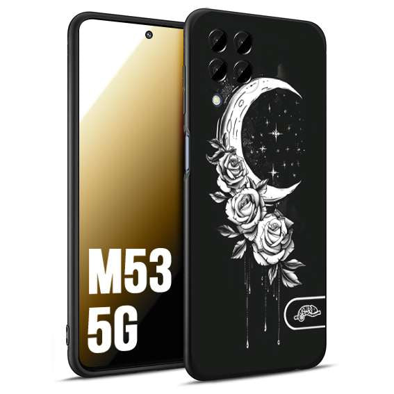 CUSTOMIZZA - Custodia cover nera morbida in tpu compatibile per Samsung M53 5G luna e fiori moon flowers black and white bianco a rilievo disegnato