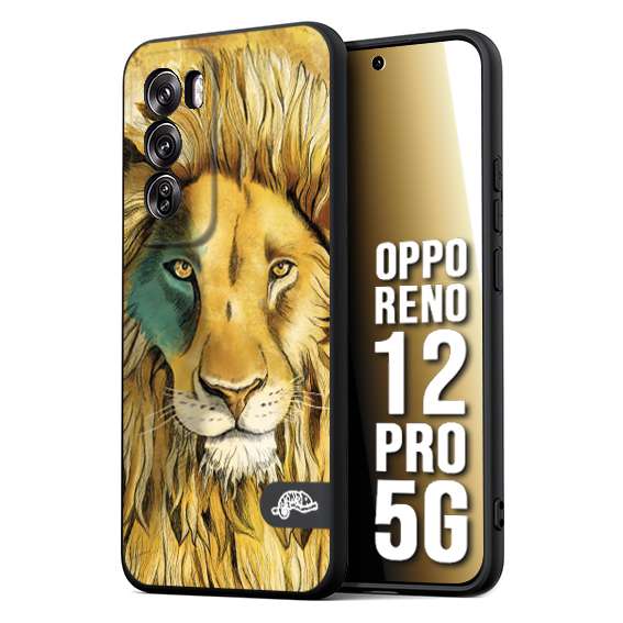 CUSTOMIZZA - Custodia cover nera morbida in tpu compatibile per Oppo Reno 12 PRO 5G leone lion disegnato a mano giallo blu a rilievo artistico brown