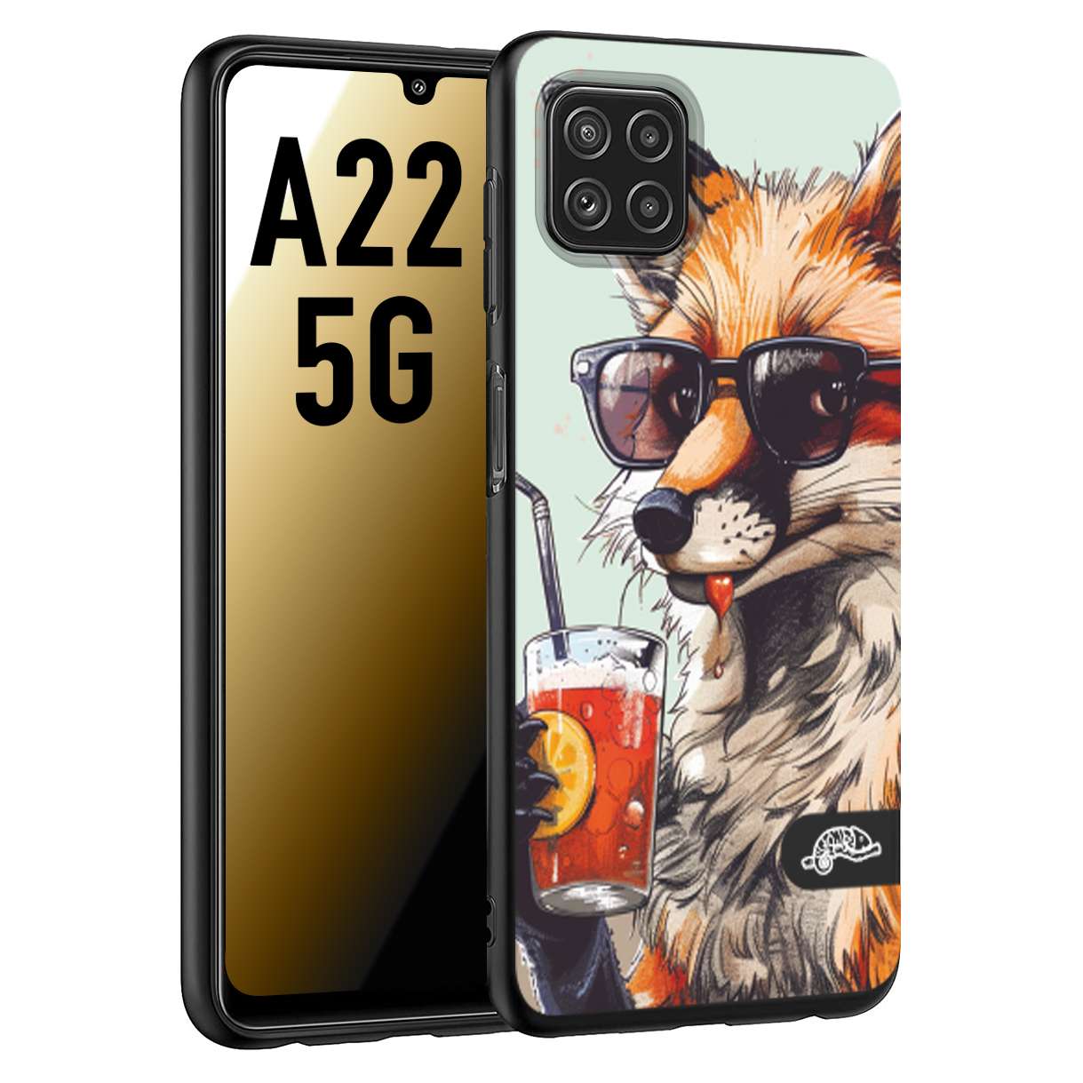 CUSTOMIZZA - Custodia cover nera morbida in tpu compatibile per Samsung A22 5G estate disegnata cocktails animali simpatici fox volpe negroni