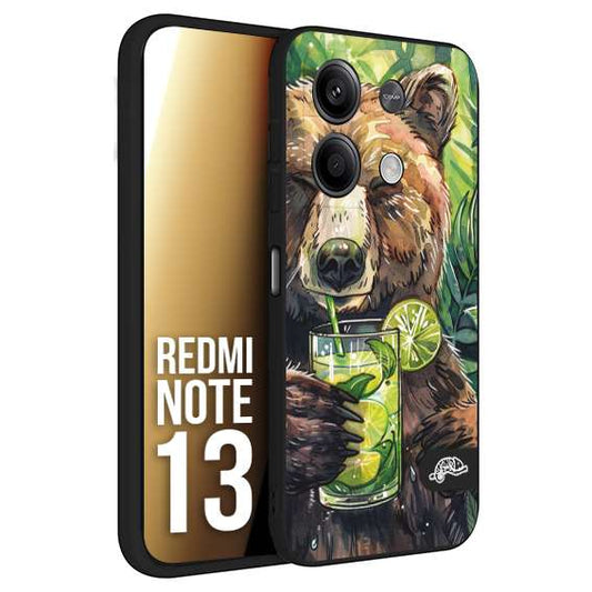 CUSTOMIZZA - Custodia cover nera morbida in tpu compatibile per Xiaomi Redmi Note 13 estate disegnata cocktails animali simpatici orso bear negroni