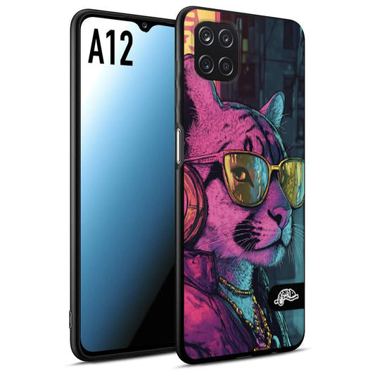 CUSTOMIZZA - Custodia cover nera morbida in tpu compatibile per Samsung A12 animali cyberpunk pantera street cat fucsia blu giallo