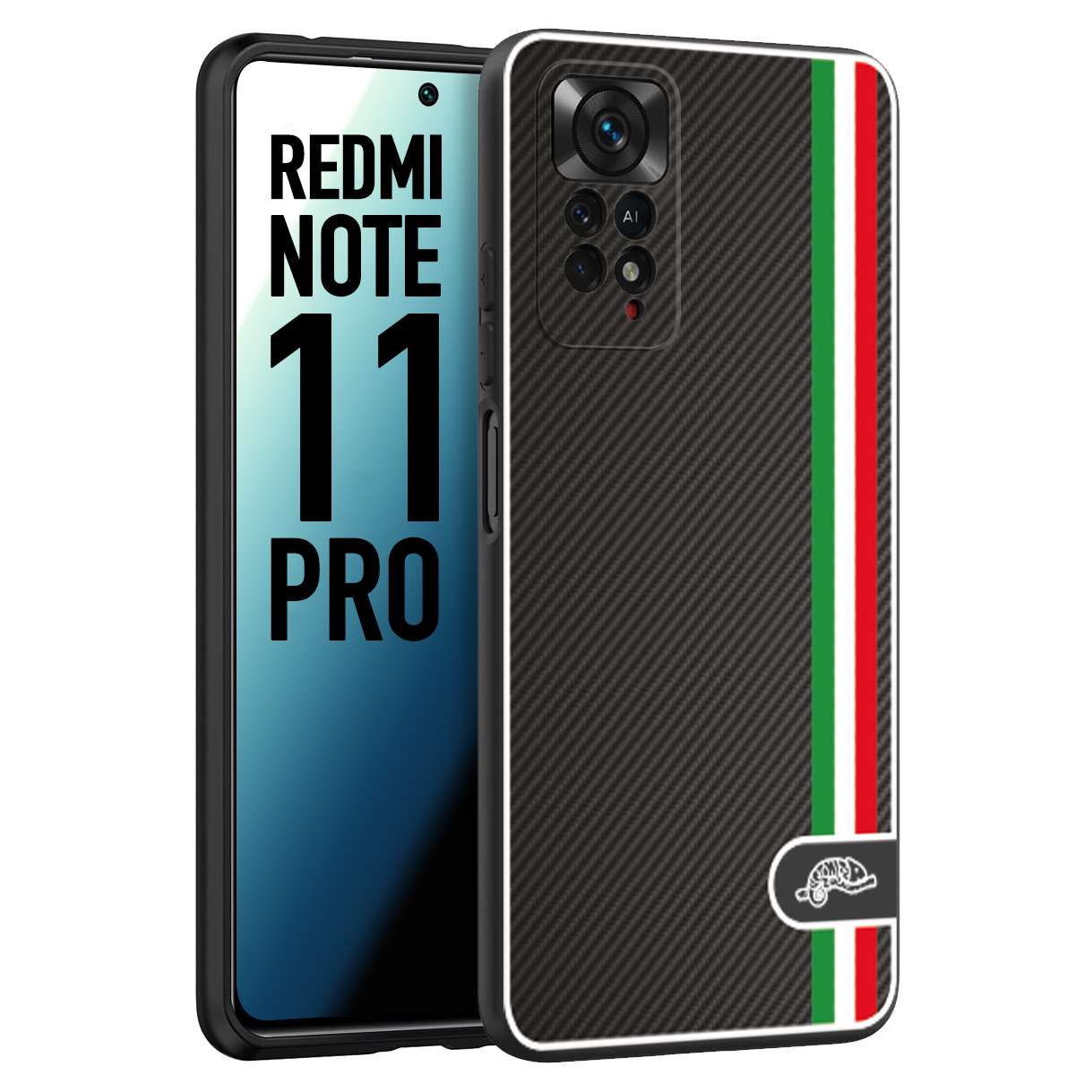 CUSTOMIZZA - Custodia cover nera morbida in tpu compatibile per Xiaomi Redmi Note 11 PRO effetto fibra di carbonio bandiera Italia made in Italy