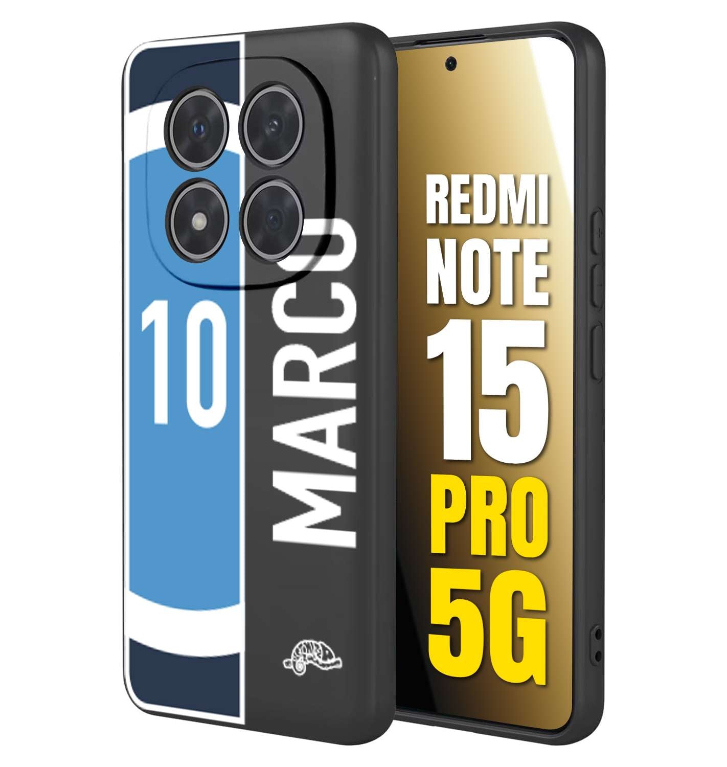 CUSTOMIZZA - Custodia cover nera morbida in tpu compatibile per Xiaomi Redmi Note 15 PRO 5G personalizzata calcio football nome e numero calciatori biancoazzurri bianco celesti