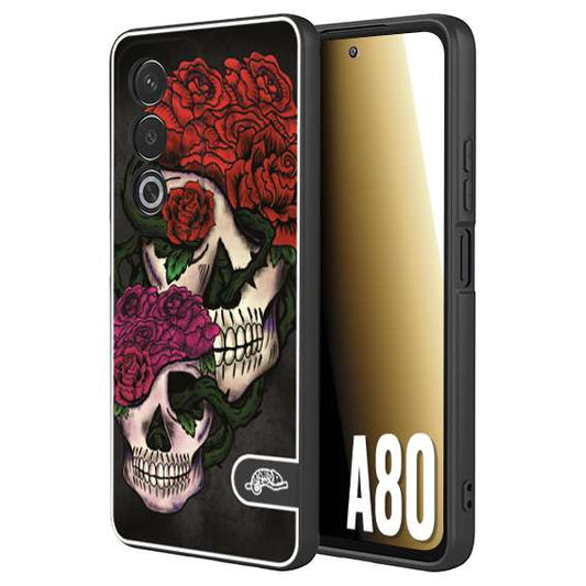 CUSTOMIZZA - Custodia cover nera morbida in tpu compatibile per Oppo A80 teschi e rose rosse fucsia skull and roses