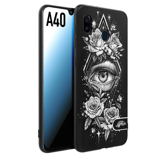 CUSTOMIZZA - Custodia cover nera morbida in tpu compatibile per Samsung A40 occhio fiori rombo geometrico black and white bianco a rilievo disegnato tattoo tatuaggio