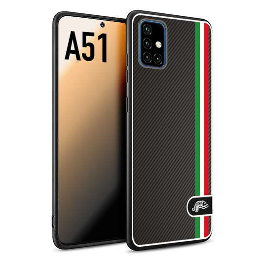 CUSTOMIZZA - Custodia cover nera morbida in tpu compatibile per Samsung A51 effetto fibra di carbonio bandiera Italia made in Italy