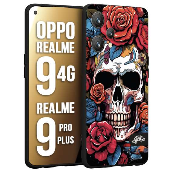 CUSTOMIZZA - Custodia cover nera morbida in tpu compatibile per Realme 9 4G - 9 PRO PLUS teschio skull flowers fiori rose rosse tattoo disegnato