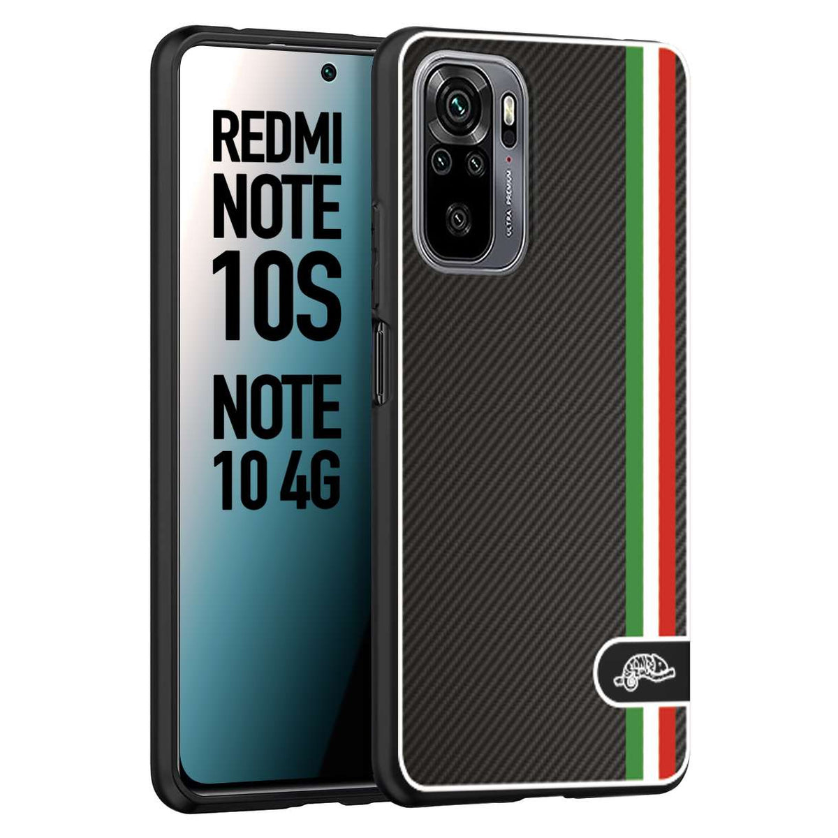 CUSTOMIZZA - Custodia cover nera morbida in tpu compatibile per Xiaomi Redmi Note 10S effetto fibra di carbonio bandiera Italia made in Italy