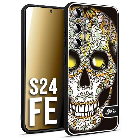 CUSTOMIZZA - Custodia cover nera morbida in tpu compatibile per Samsung S24 FE teschio messicano Mexican skull bianco verde giallo