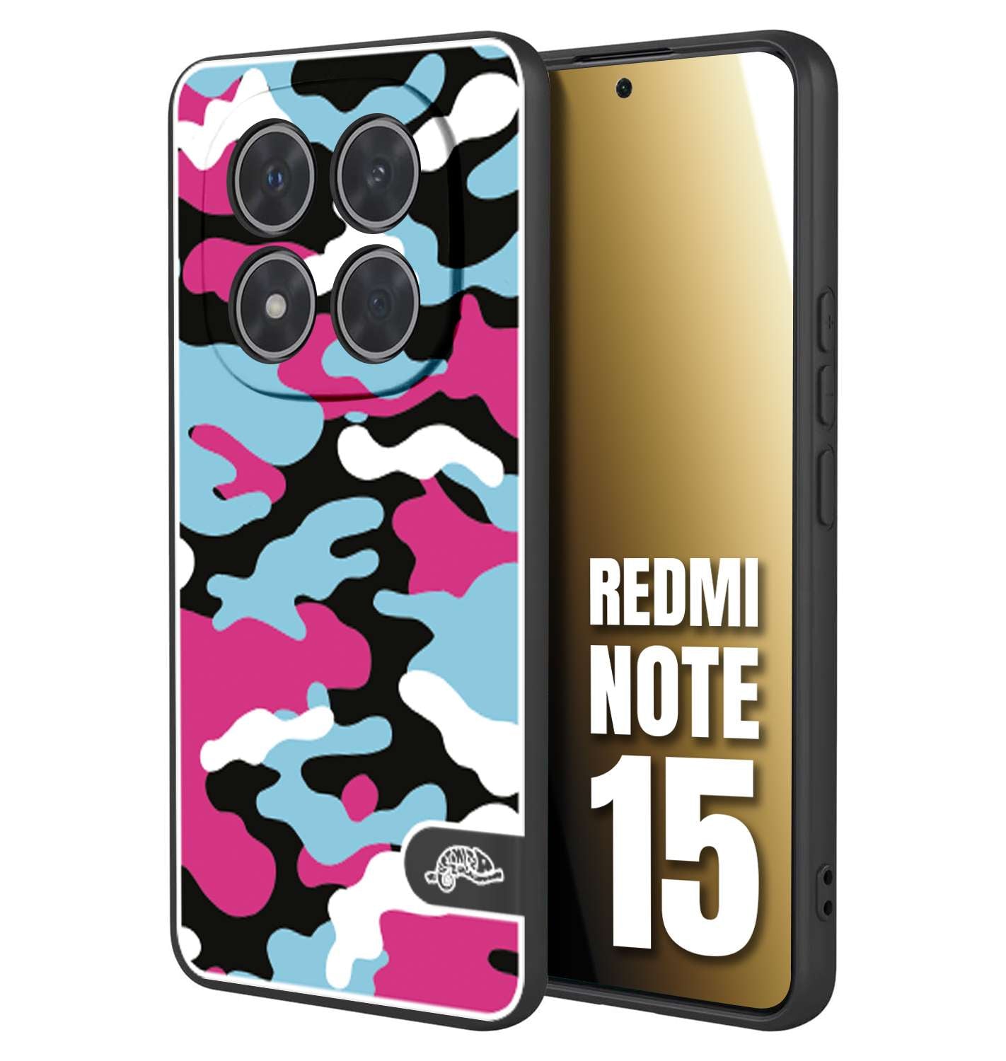 CUSTOMIZZA - Custodia cover nera morbida in tpu compatibile per Xiaomi Redmi Note 15 camouflage mimetico militare fucsia celeste