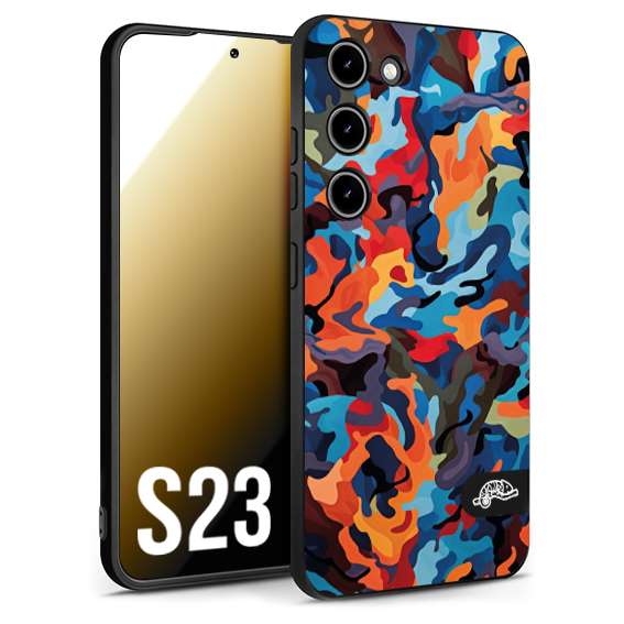 CUSTOMIZZA - Custodia cover nera morbida in tpu compatibile per Samsung S23 camouflage mimetico militare moderno blu arancio rosso