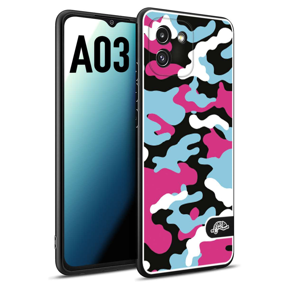 CUSTOMIZZA - Custodia cover nera morbida in tpu compatibile per Samsung A03 camouflage mimetico militare fucsia celeste