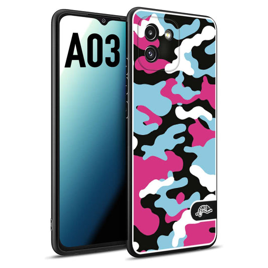 CUSTOMIZZA - Custodia cover nera morbida in tpu compatibile per Samsung A03 camouflage mimetico militare fucsia celeste