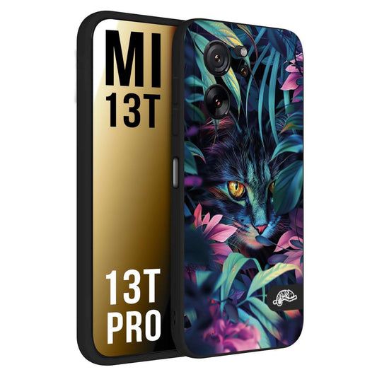 CUSTOMIZZA - Custodia cover nera morbida in tpu compatibile per Xiaomi 13T - 13T PRO animali color giungla tropicale occhio di gatto colori vibranti disegnato
